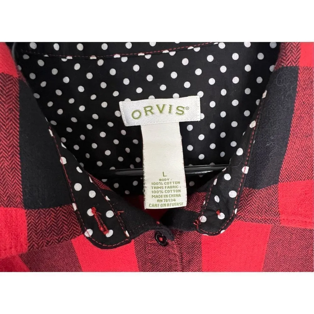 Orvis Red and Black Long Sleeve Collared Button Up Flannel T-Shirt - Image 3