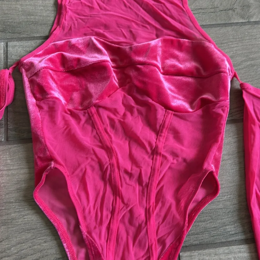 Pink mesh and velvet bodysuit - Image 2