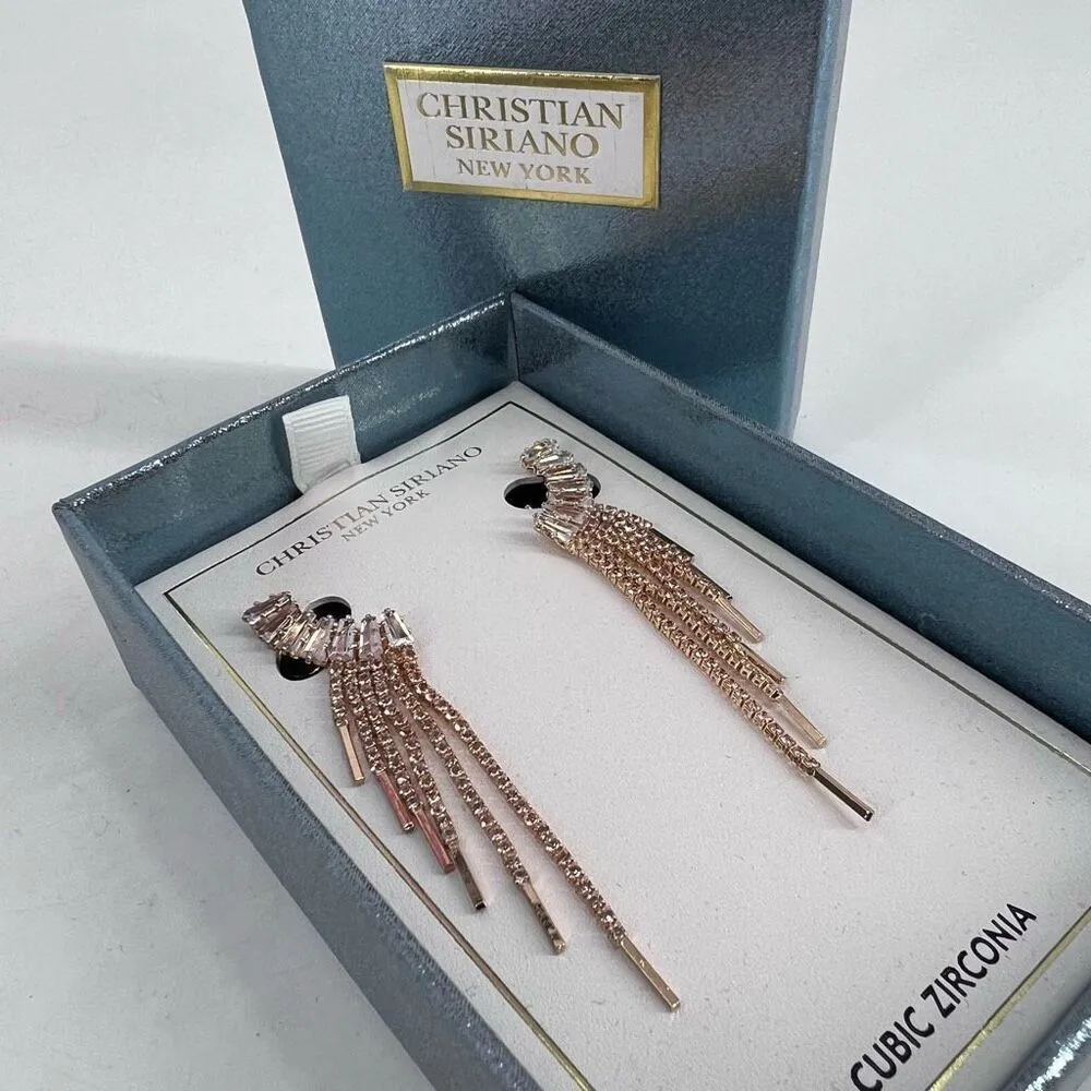 NWT Christian Siriano Waterfall Rhinestone Baguette Earrings Wedding Prom Fringe Gold - Image 3