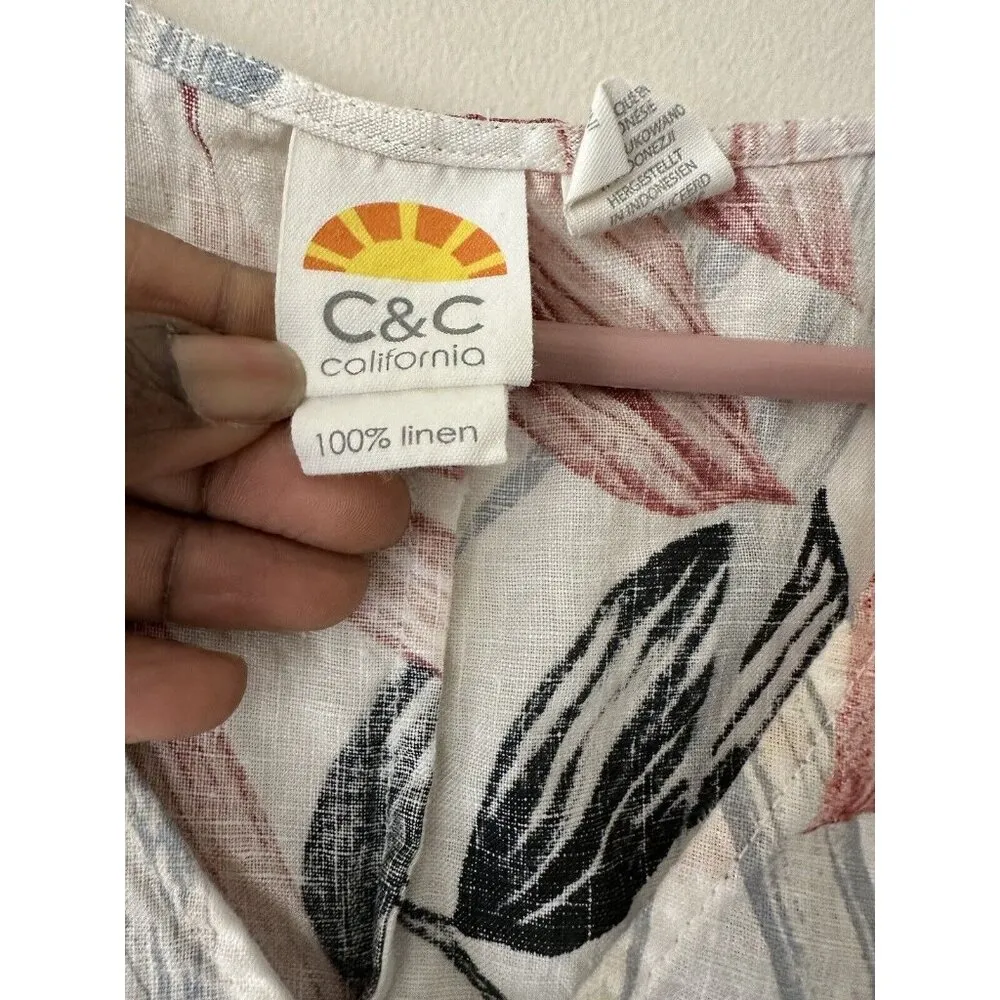 C&C California 100% Linen Tropical  Floral Print Dress Size L - Image 3
