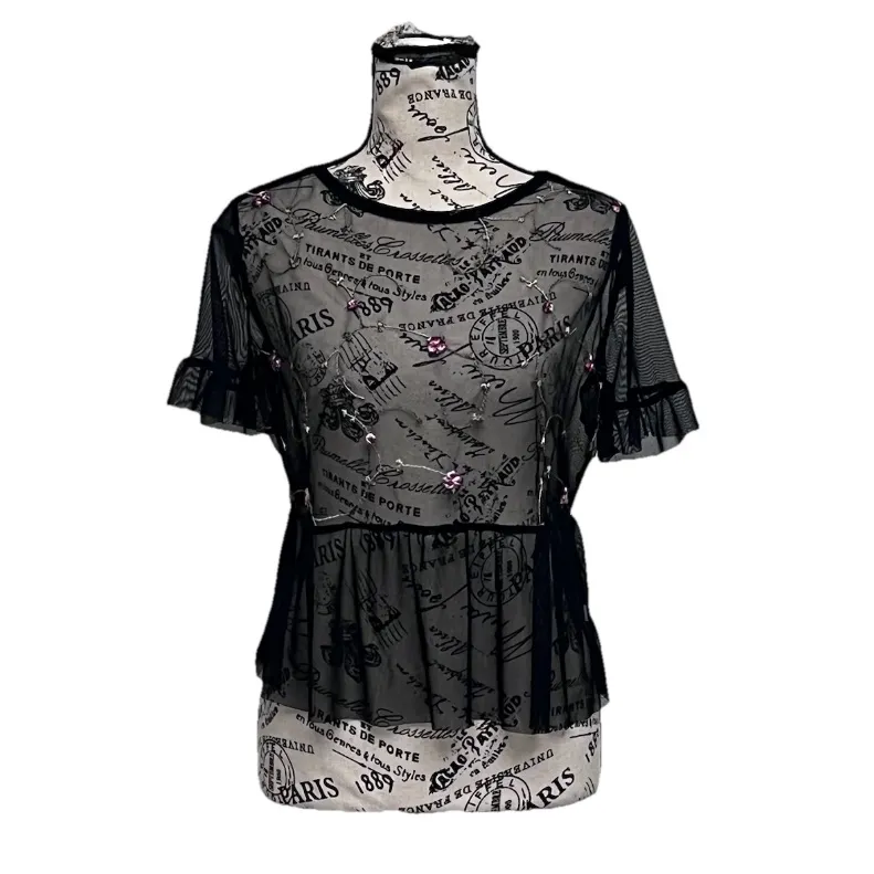American Rag Black Mesh Sheer Embroidered Peplum Top M Witchy Goth Dark Coquette - Image 2