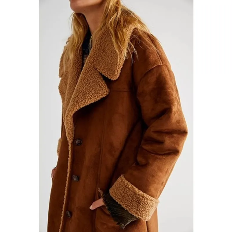 Free People NWT Diogo Toasted Almond Brown Sherpa Faux Suede Relaxed Fit Coat - Image 11