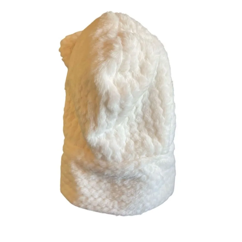 White Plush Hooded Scarf Hat With Animal Ears – Faux Fur Winter Wrap White - Image 4