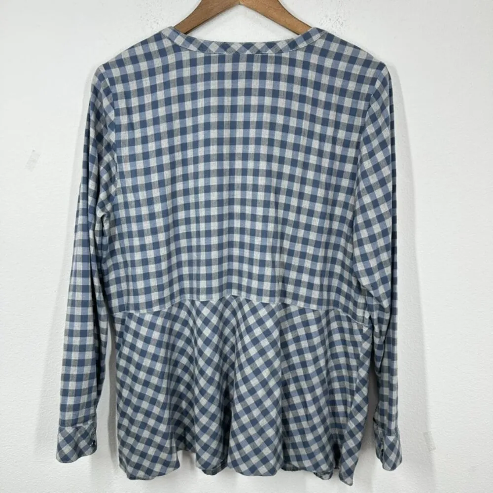 J. Jill Size Large Blue Grey Checkered‎ V Neck Popover Blouse Cozy Casual Fall - Image 9