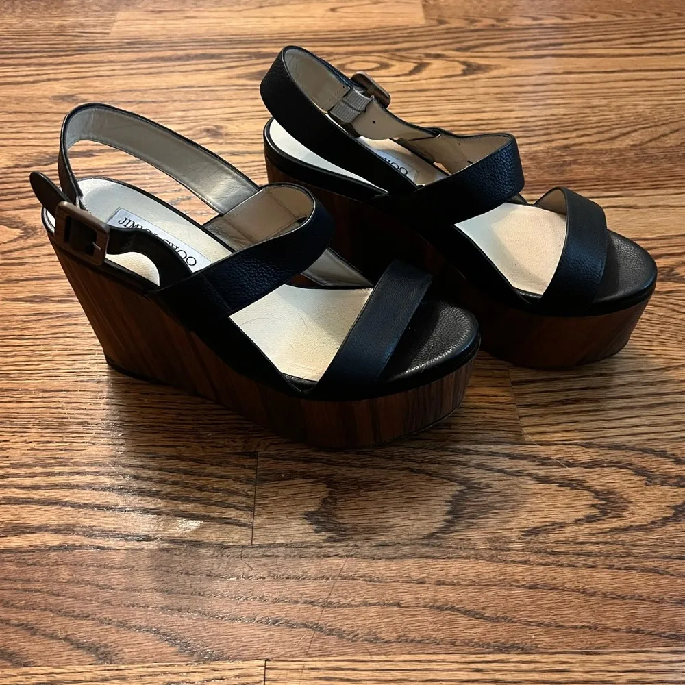 Jimmy Choo London Nazli Black Leather Wedge Sandals
Size: 38.5 (US 8) - Image 4