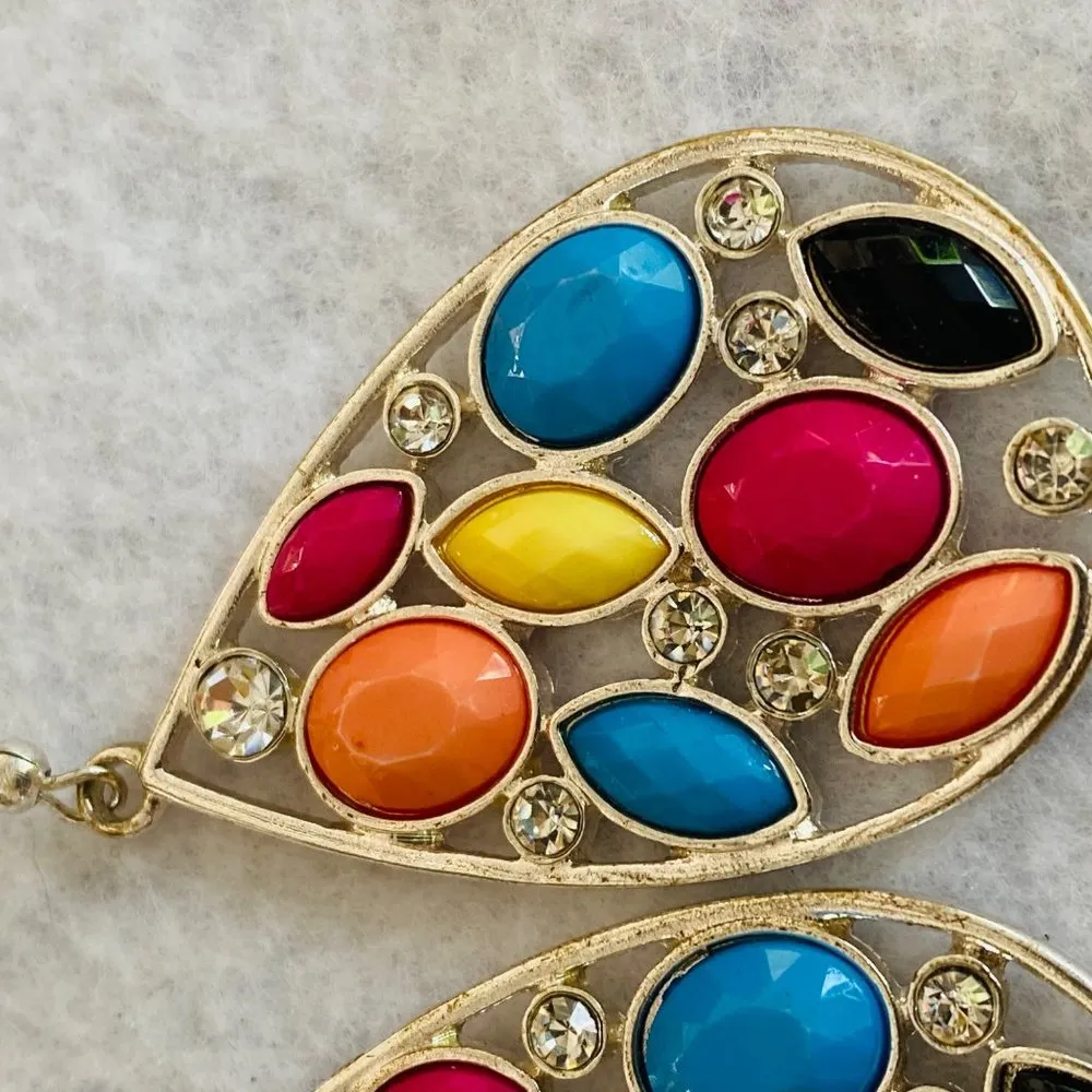 Teardrop Dangle Hook Pierced Earrings Multicolor Faceted Settings Rhinestones - Image 4