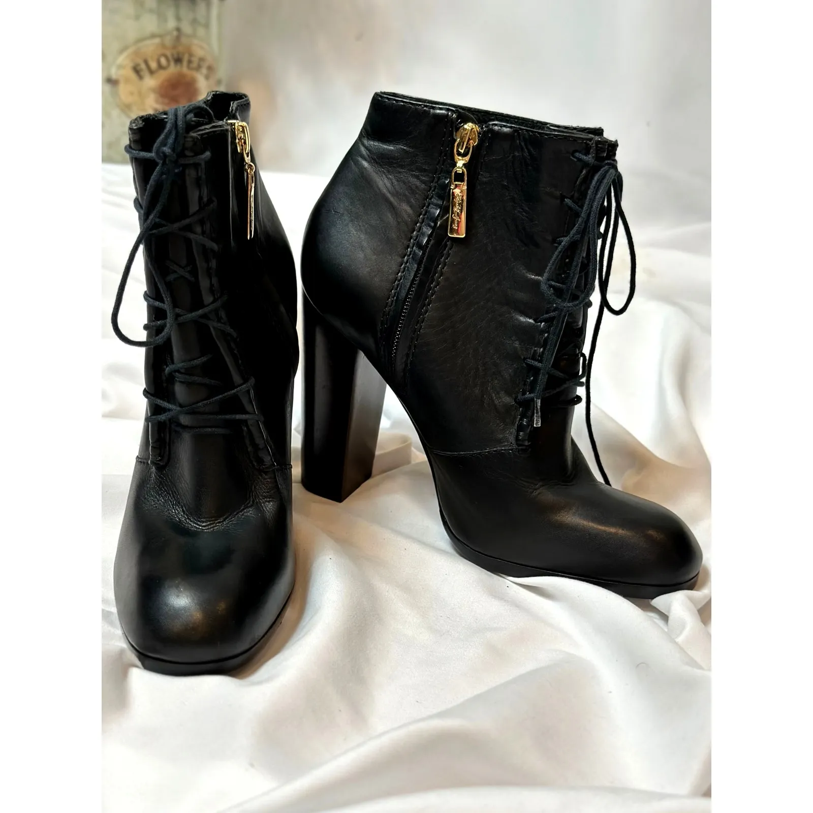 Elizabeth & James E-Chaps Black Leather Lace Booties Black 8.5 - Image 2