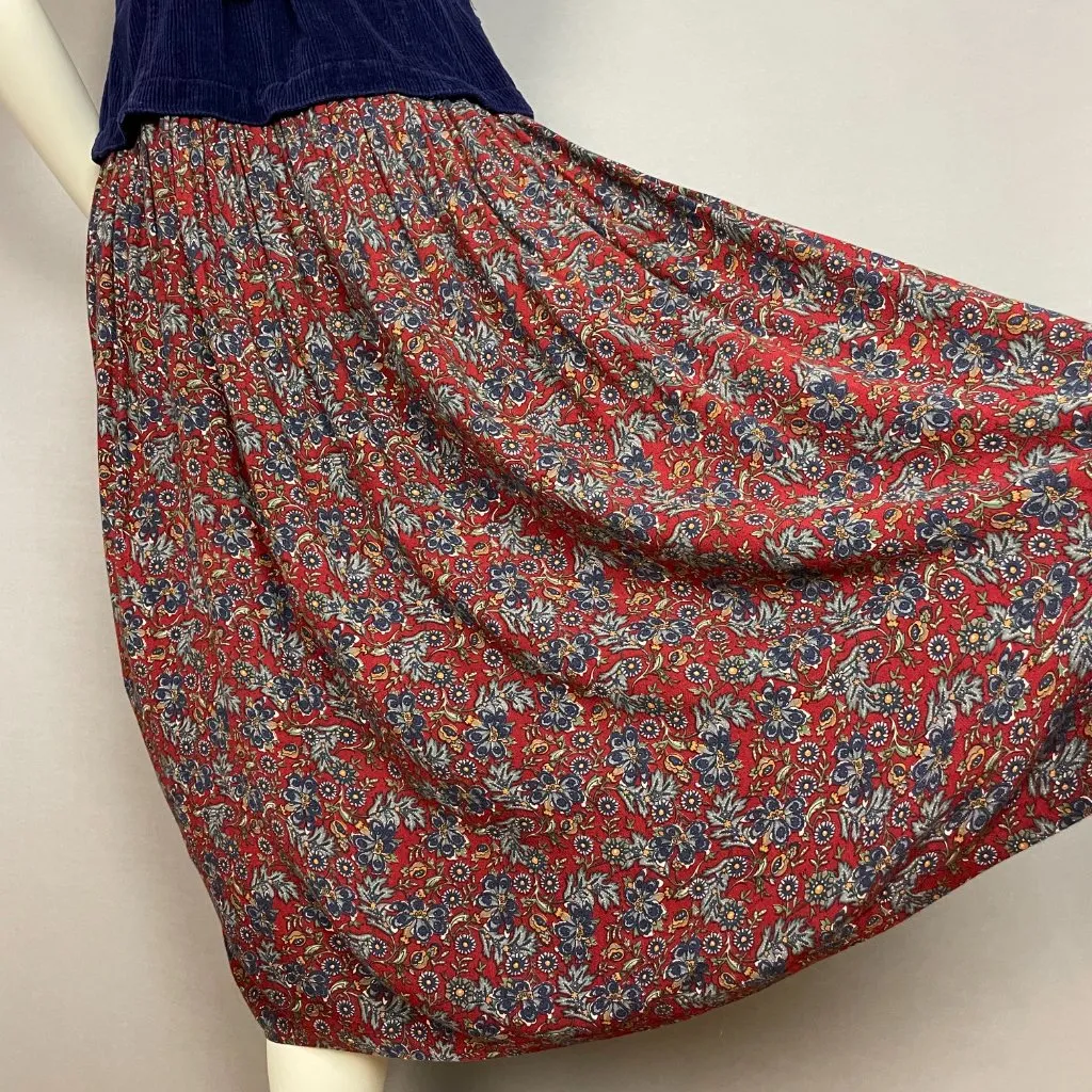 Vintage 90s Dress Floral Rayon Skirt Corduroy Vest Momcore Retro Sleeveless Blue Size M - Image 8