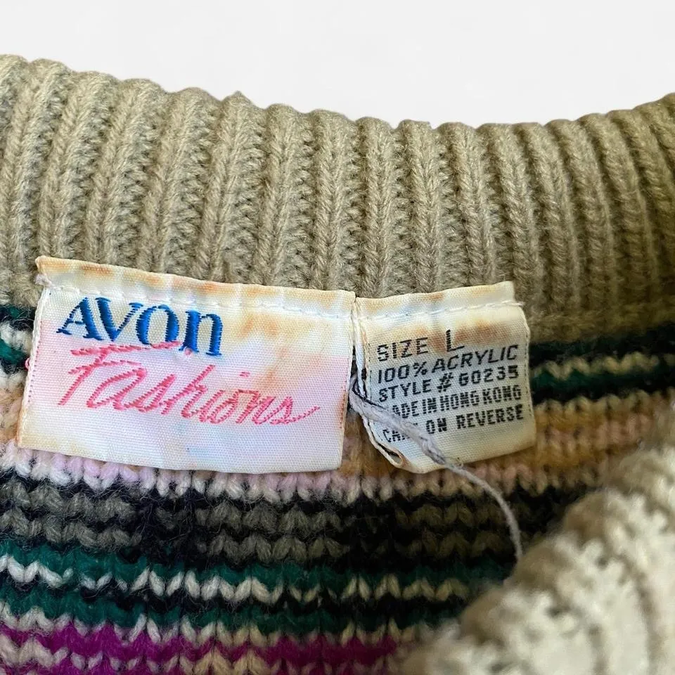 80s vintage Avon grid knitted sweater size large Tan - Image 2