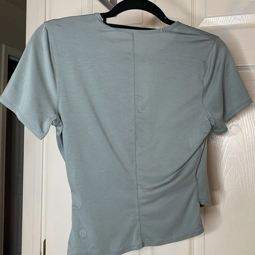 Lululemon Round Trip Short Sleeve Blouse Shirt Seafoam Blue Cast Faux Wrap Sz 2? - Image 4