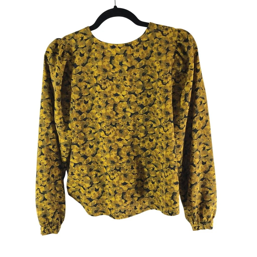 A New Day Yellow Black Floral Long Sleeve Faux Wrap Top Blouse S - Image 2