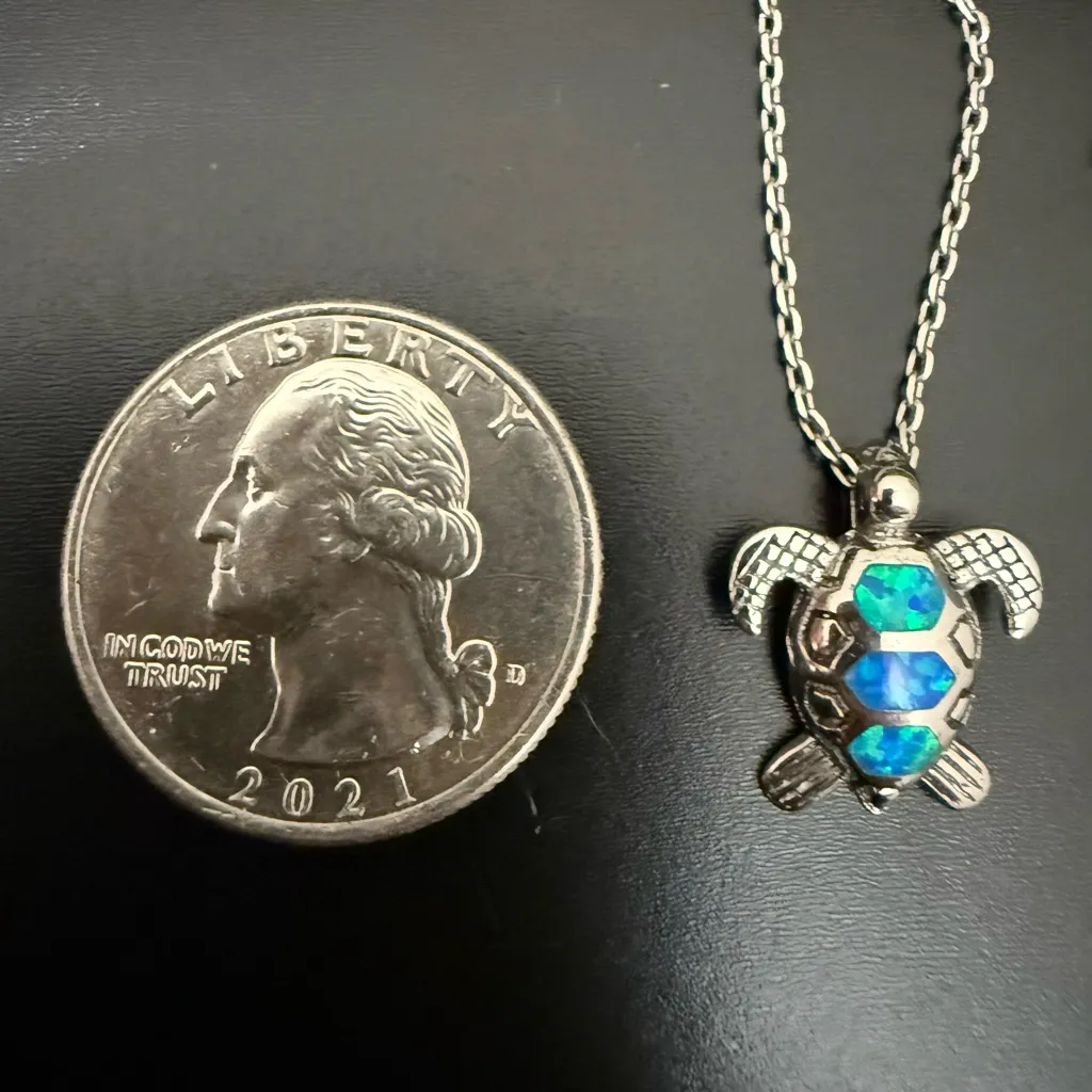 925 Sterling Silver Blue Opal Inlay Sea Turtle Pendant 16” Necklace 3g. - Image 3