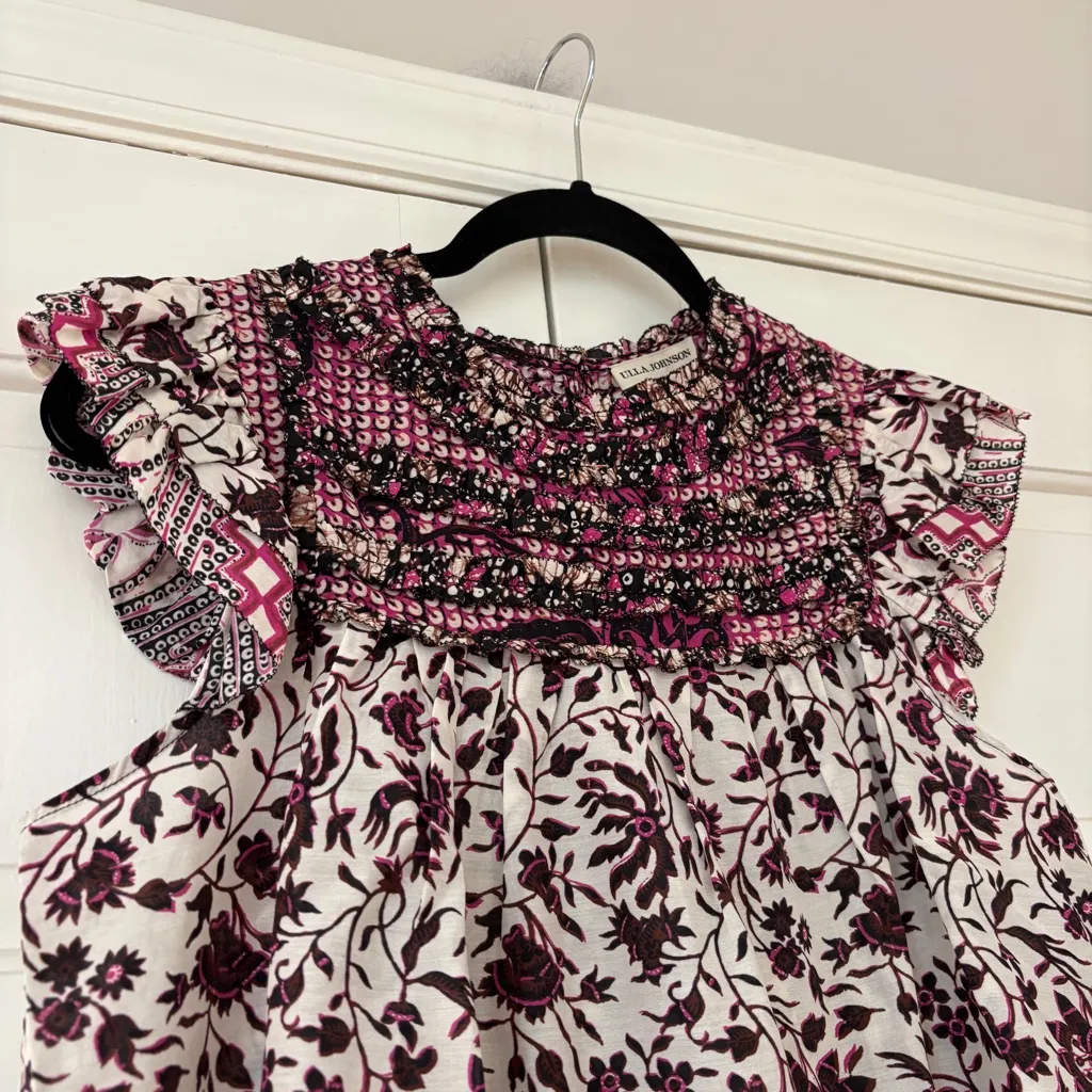 Ulla Johnson Nuru Top Fuchsia Pink Floral Blouse Size 4 Flutter Sleeve Ruffle - Image 3