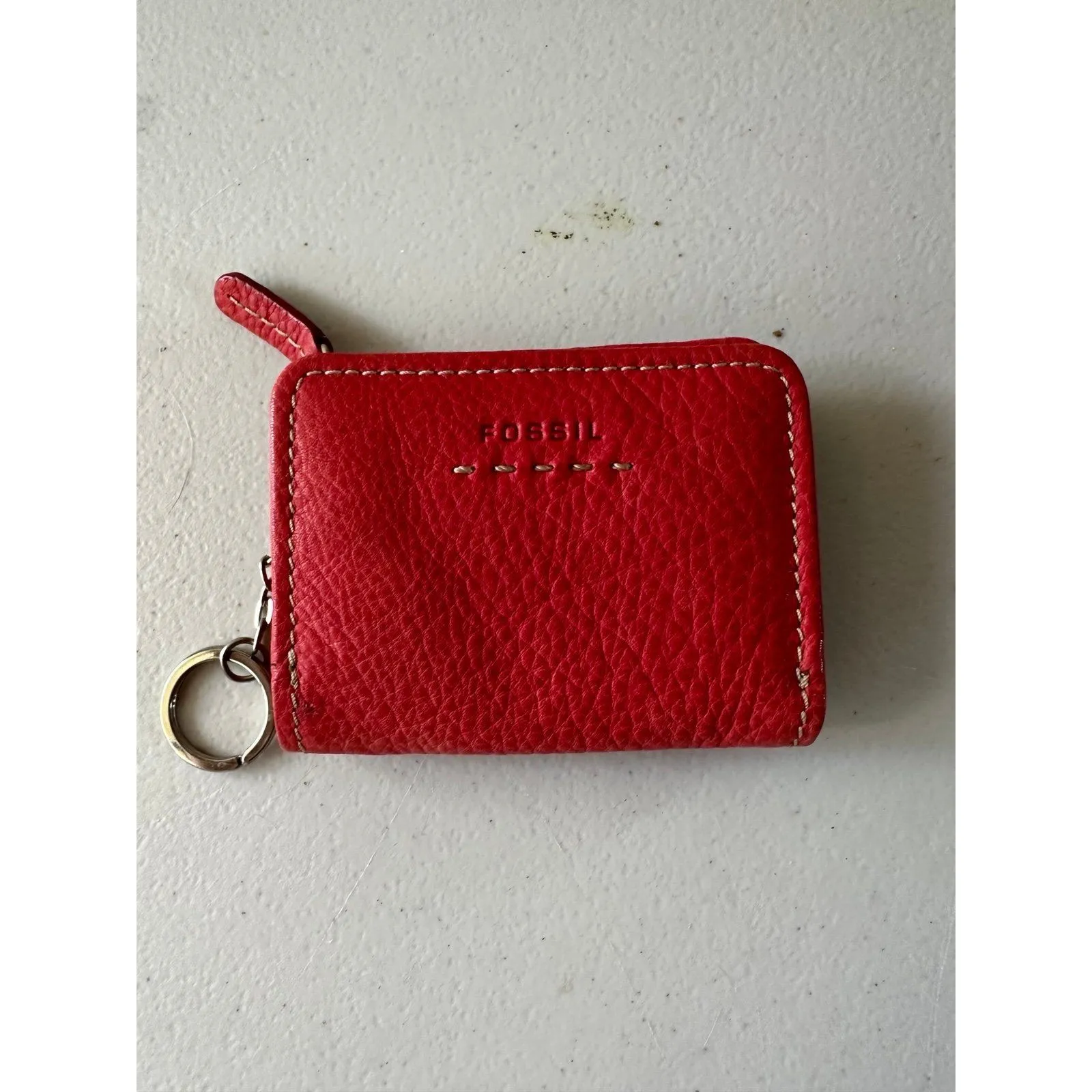 Fossil Red Popstitch Pebble Genuine Leather Bi-Fold Zip Coin ID Card Mini Wallet - Image 2