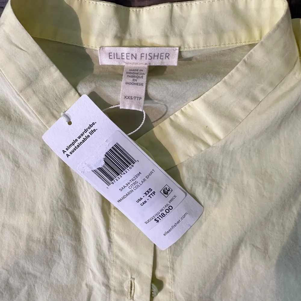 Eileen Fisher Organic Cotton Poplin Band Collar Shirt Sz XXS- Yellow  Sleeveless - Image 10