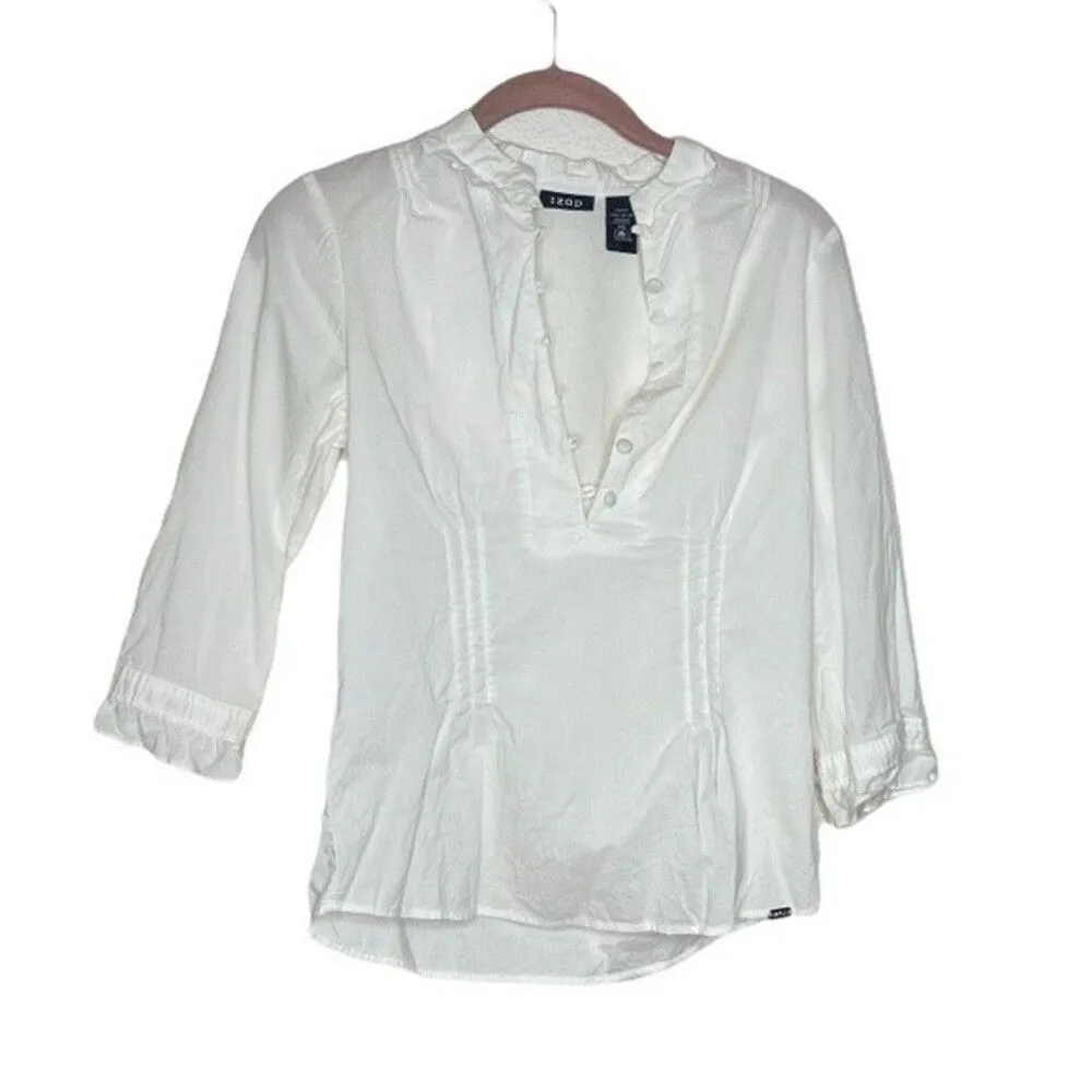 IZOD Cotton Popover Pullover Top White Half Buttoned Boho Size XS - Image 3