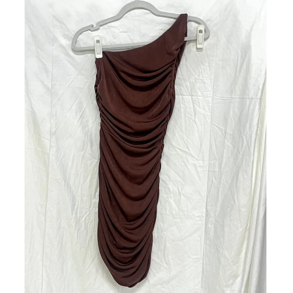 Club L Dorit One Shoulder Asymmetric Ruched Midi Dress Chocolate Women's US 2 - Image 3