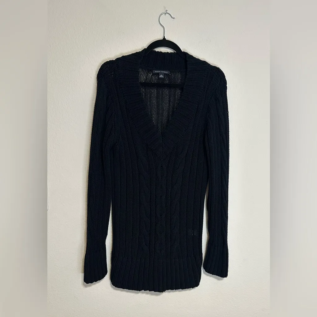 Banana Republic Deep Black Cable Knit V-Neck Sweater - Image 3