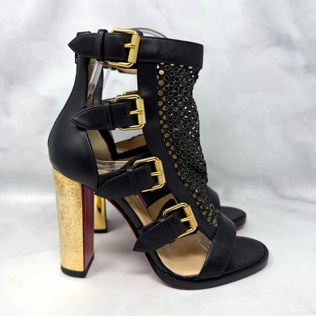Christian Louboutin Fencing 100 Leather Gladiator Buckle Block Heel Bootie Black - Image 3