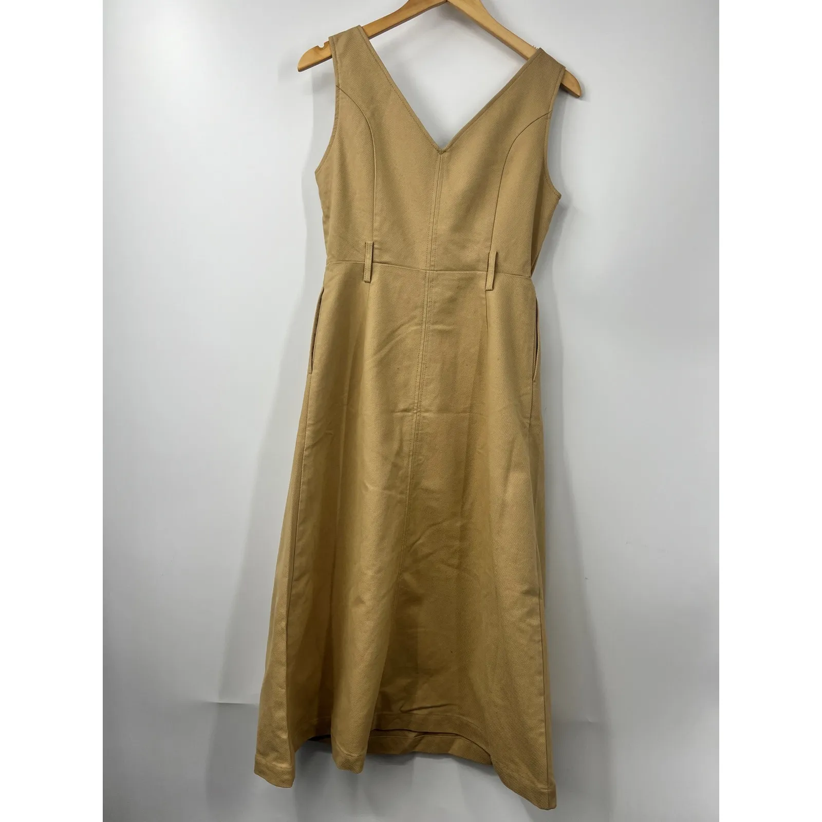 MOUSSY Women's V Neck Belted Waist Denim Dress Sleeveless Solid Khaki‎ Size S 1 Tan - Image 7
