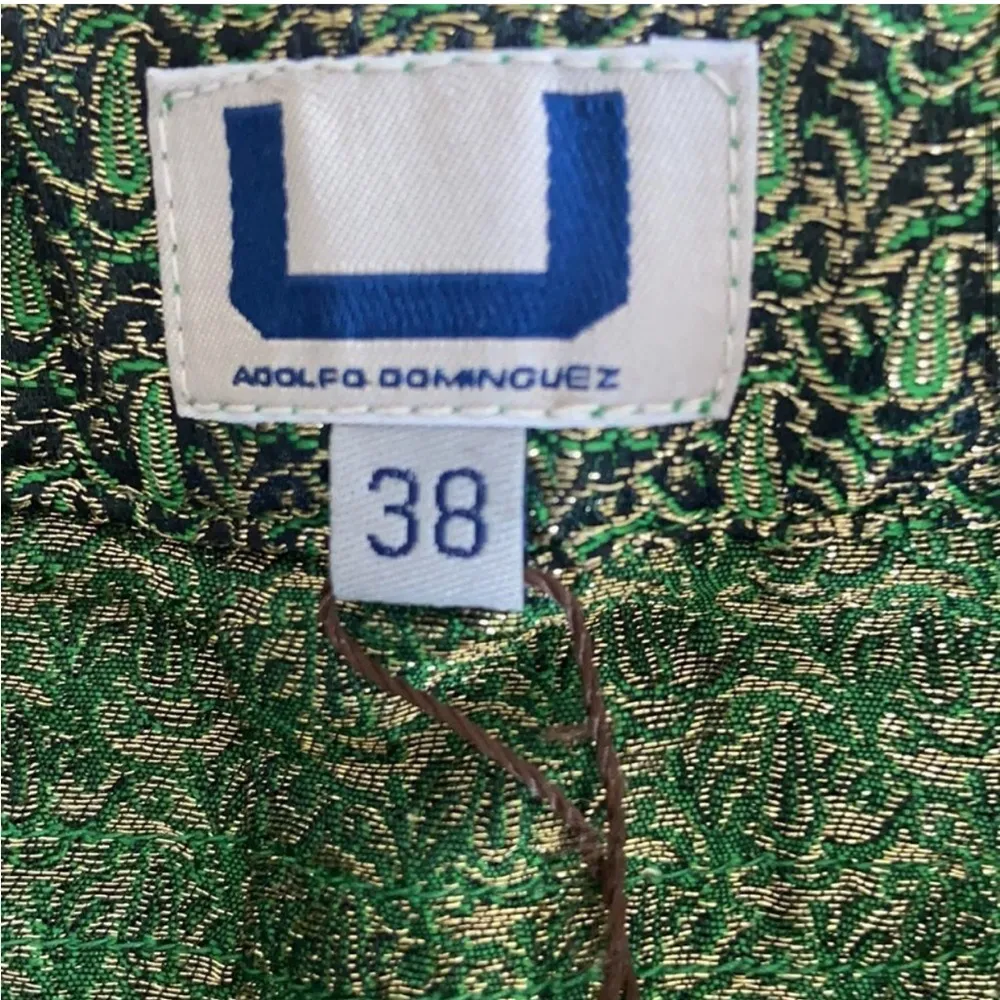 Adolfo Dominguez Metallic Jacquard Mini Skirt Pleated Green Gold FR38 US 6 Med - Image 8