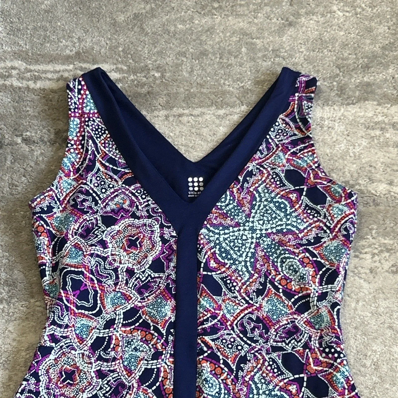 Title Nine Hillary Dream Dress Women Small Navy Purple Geo Floral Stretch Beach - Image 2