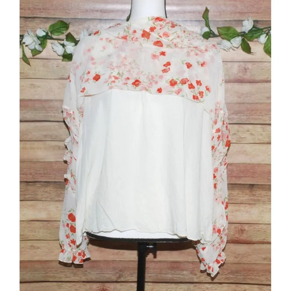 SUGARLIPS Love Bomb Blouse Size 2X Cream Floral Sheer Long Sleeve Ruffles Tie - Image 5