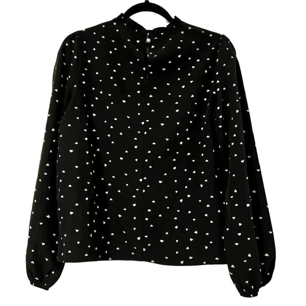 SHEIN Black and White Heart Pattern Long Sleeve Ruffle Blouse Size Medium - Image 4