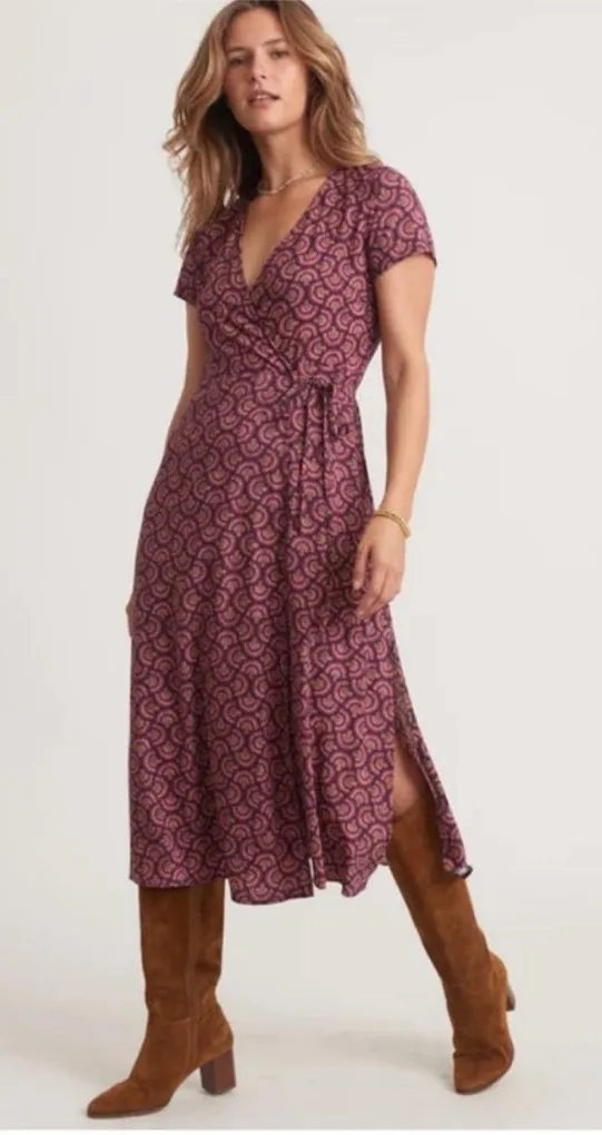 Marine Layer Emlyn Midi Wrap Short Sleeve Dress Fan Block Print Size Small - Image 1