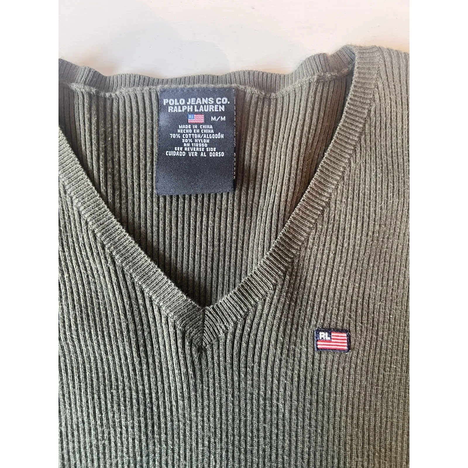 Vtg Ralph Lauren Polo Jeans Co Women's M Green V-Neck Ribbed Long Sleeve Sweater - Image 2