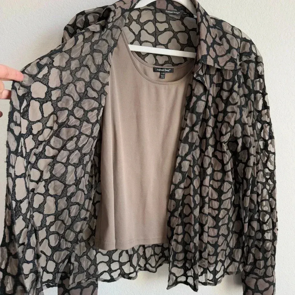 Samuel Dong Women’s Lace Textured Collared Button Down Long Sleeve w/Camisole L‎ Tan Size L - Image 8