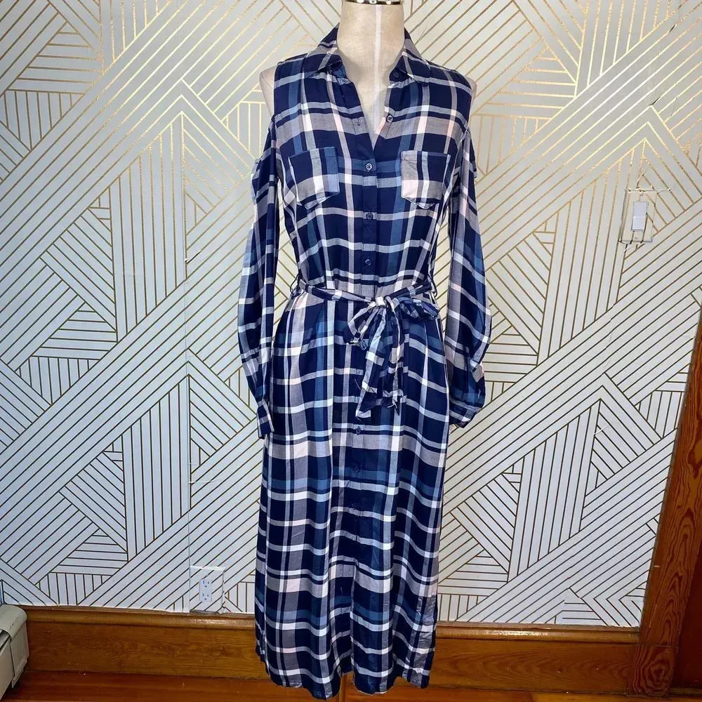 Maison Jules  Cold-Shoulder‎ Plaid Midi Shirt Dress - Image 6