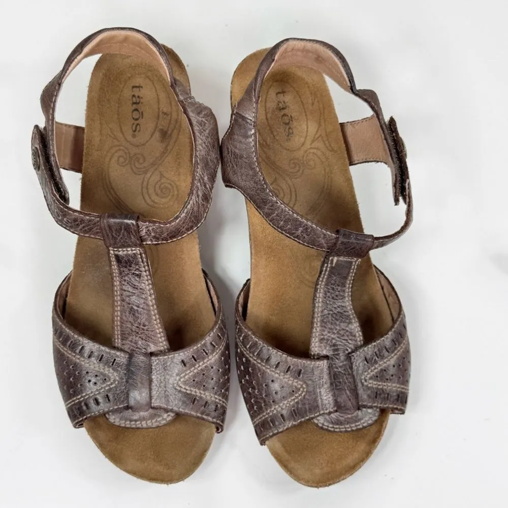 Taos Teezer Cork Sole Strappy Leather Block Heel Sandals Brown 8 Boho Hipster - Image 10