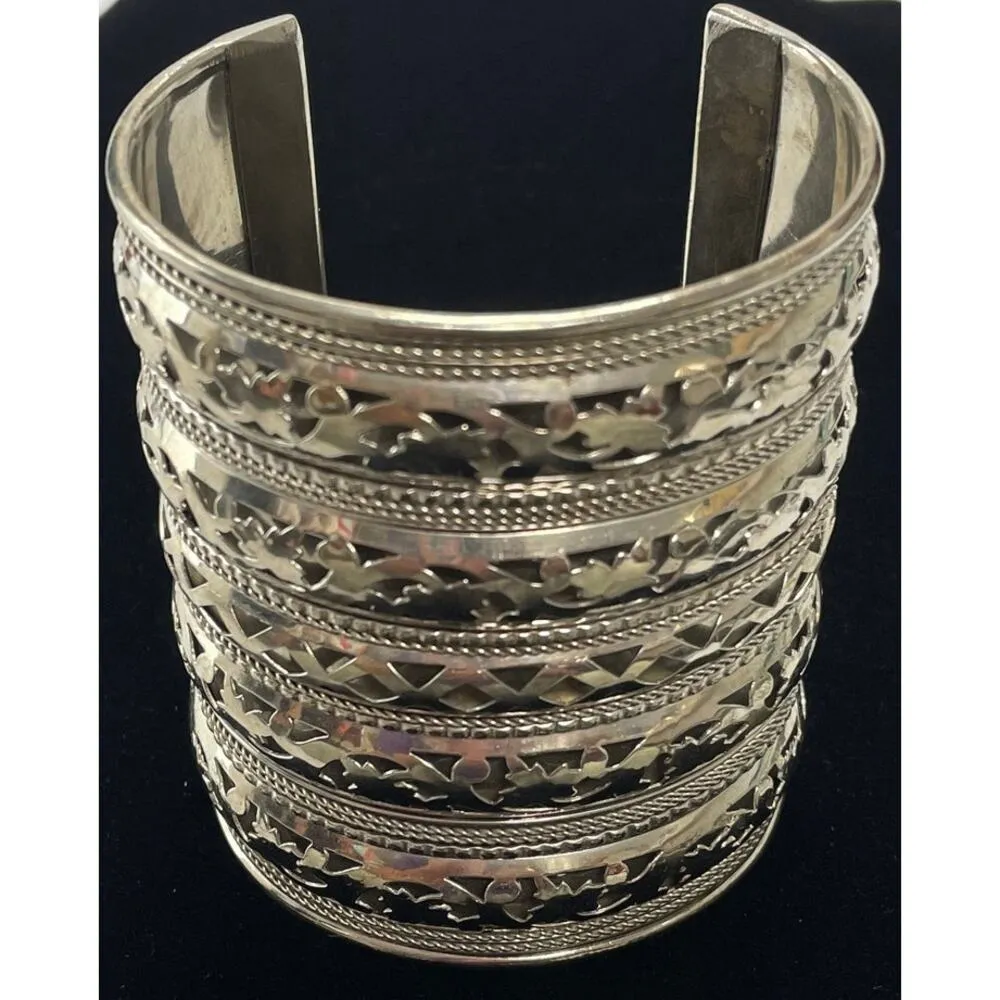 Unmarked Large Open Silvertone Cuff Scroll Cutout Silver - Image 3