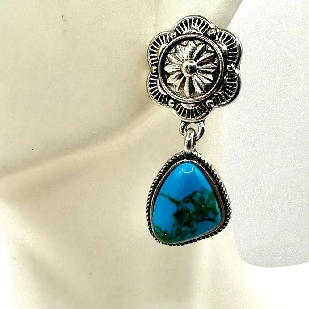 Silver tone faux turquoise drop post earrings Blue - Image 4