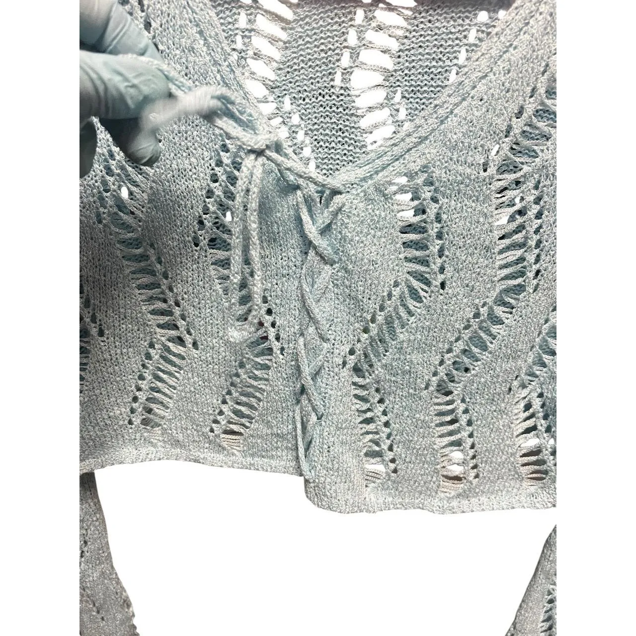 CIDER Crop Top Womens Large Sky Blue Open Knit Tie Front Bell Sleeve Crochet - Image 5