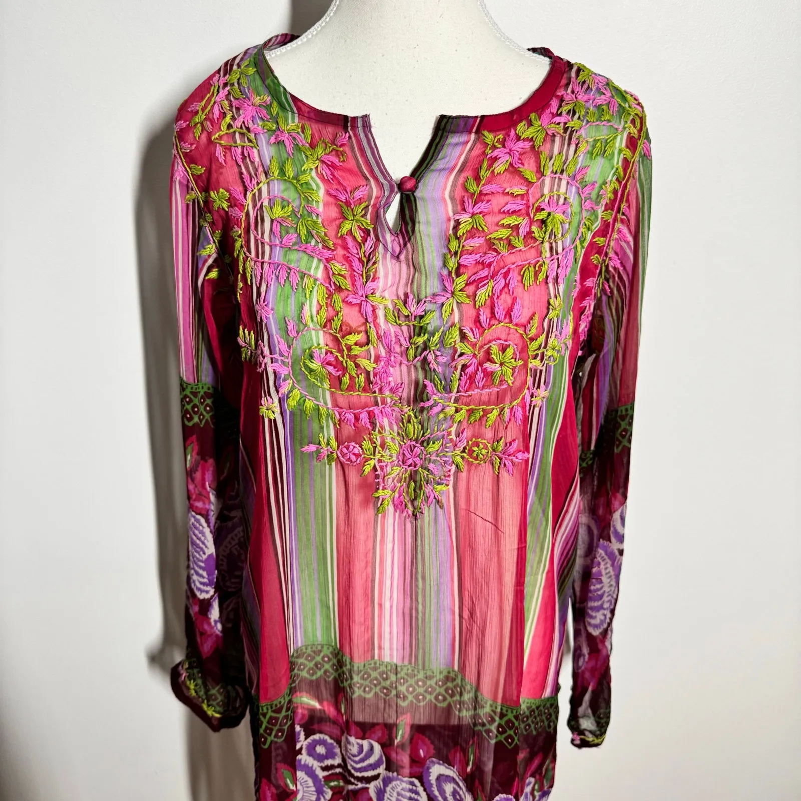 Raj Silk Boho Colorful Sheer Coverup Tunic Dress Women L Pink Green Floral Vacay Size L - Image 4