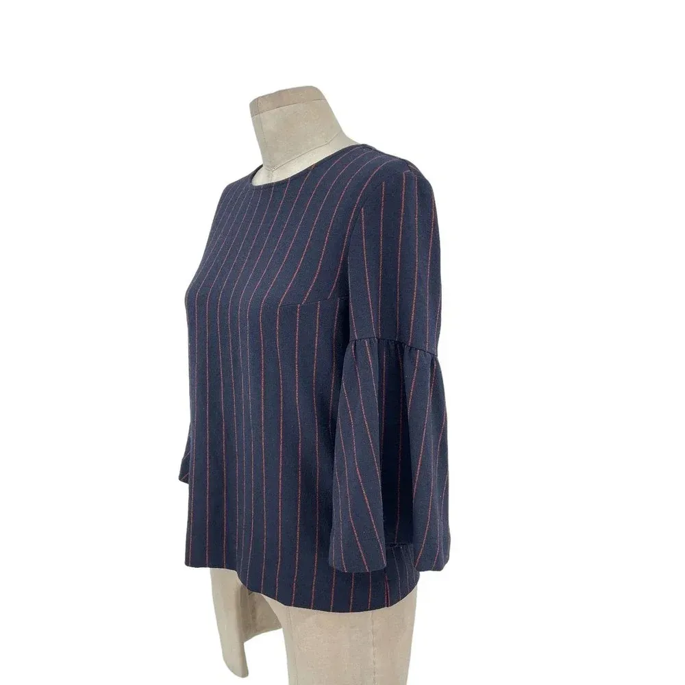 Ganni Clark Bell Sleeve Blouse Navy Blue Red Pinstripe Size 34 / US 2‎ - Image 4