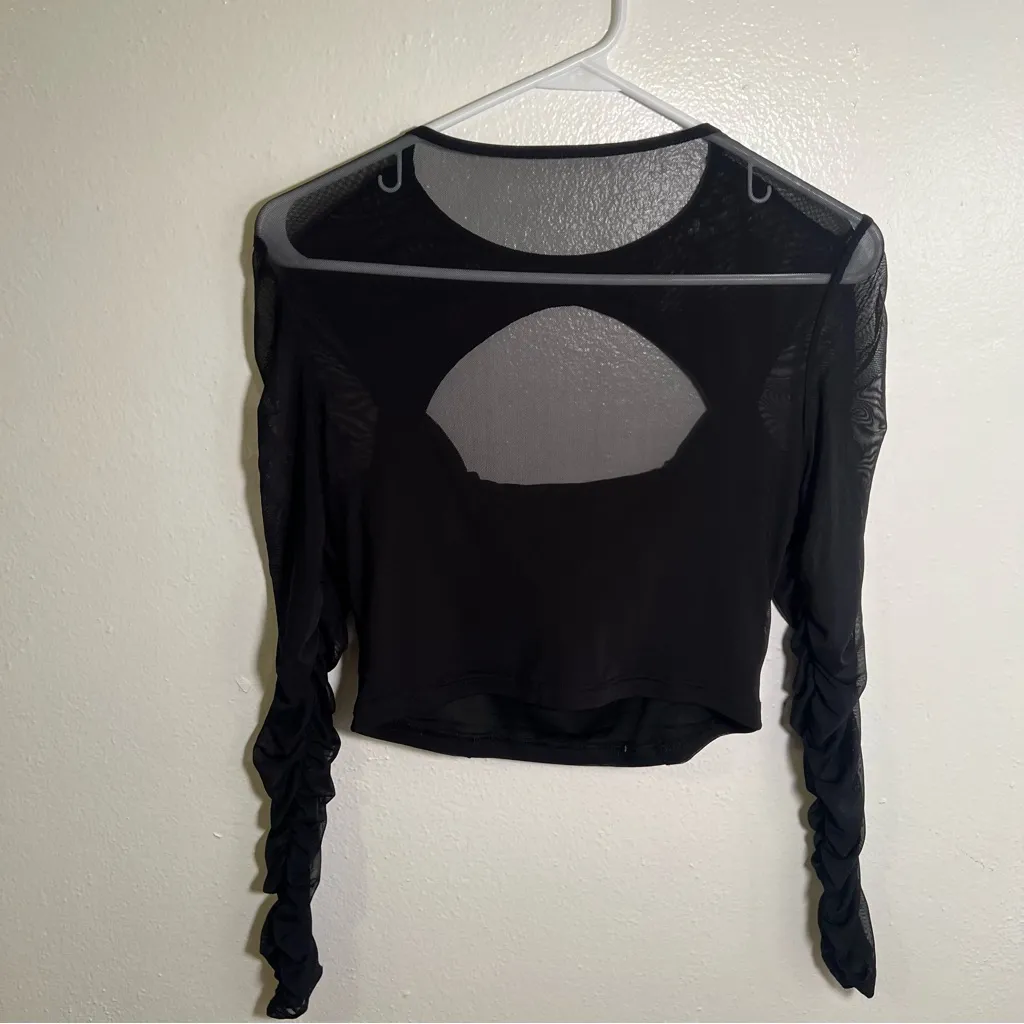 Ruched Cut Out Blouse Long Sleeve Black Mesh Cropped - Image 5
