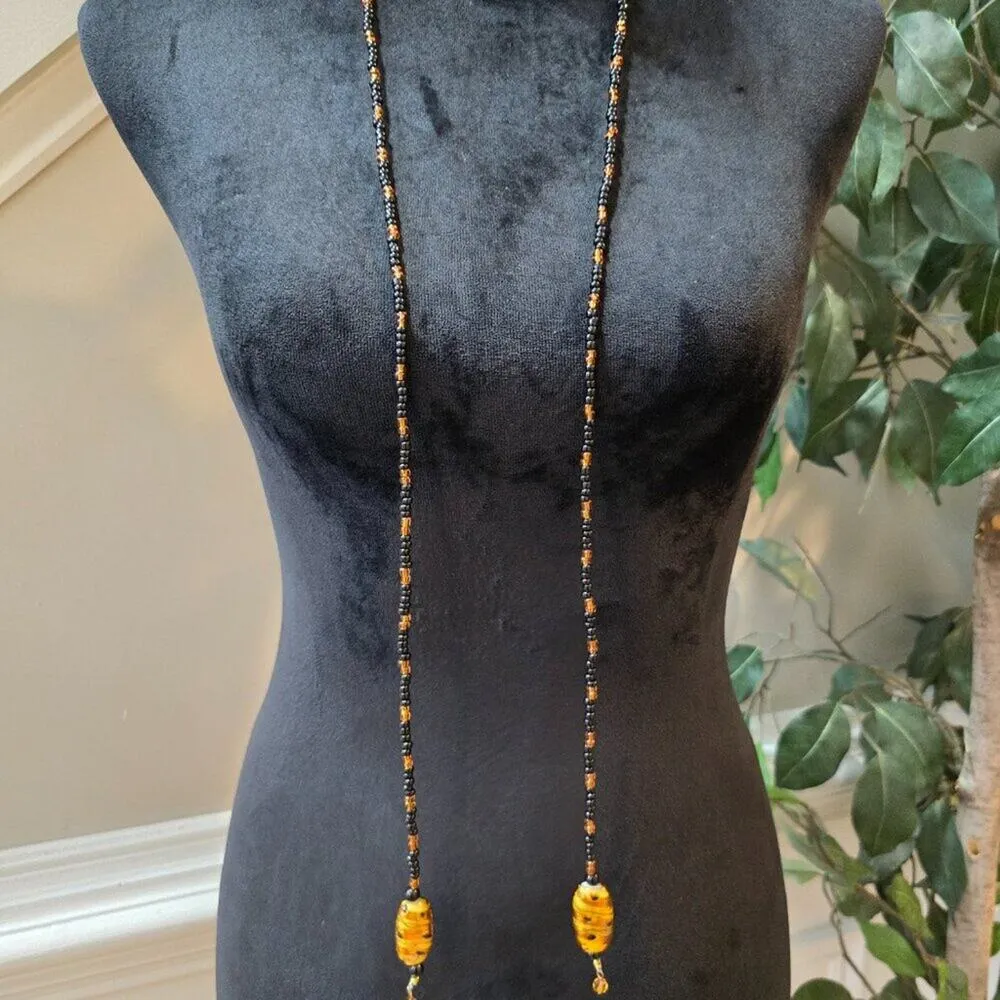 Womens Black Glass Seed & Baltic Amber Beads Adjustable Hallie Lariat Necklace Yellow - Image 6