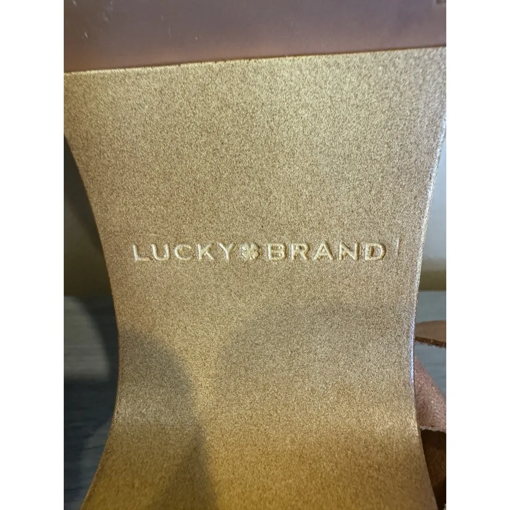 LUCKY BRAND Tan Criss-Cross Leather Studded Chunky Heel Slingback Sandals sz 7.5 - Image 7