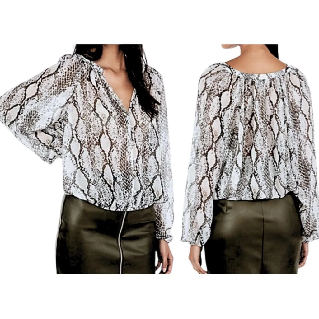 3 EXPRESS Portofino Snake Animal Print Black Cream Puff Sleeves Button Sheer XS - Image 2