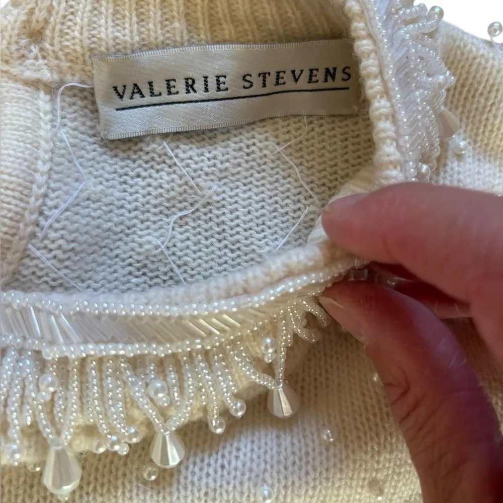 Valerie Stevens Vintage Sweater Cream Wool Pearl Beaded Fringe Neckline Small - Image 6