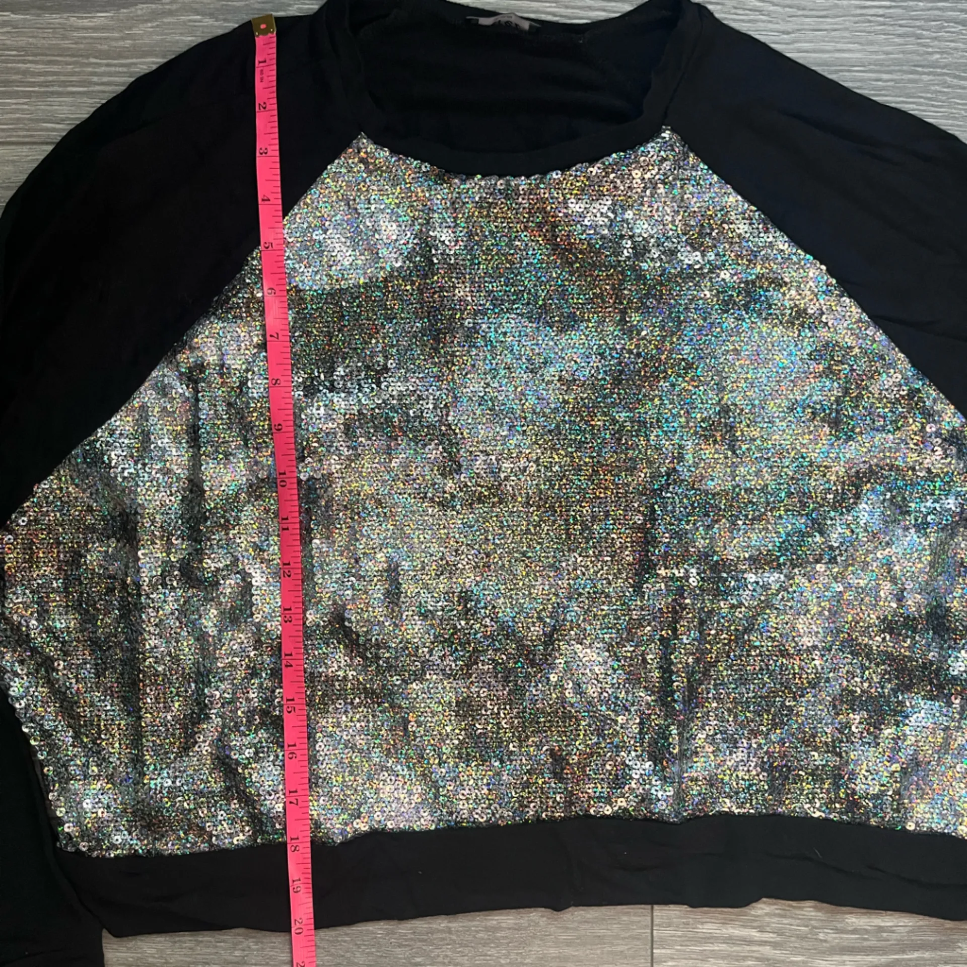 Terez Black Silver Sequin Long Sleeve Raglan Baseball Tee Sweater Fall Size M - Image 7