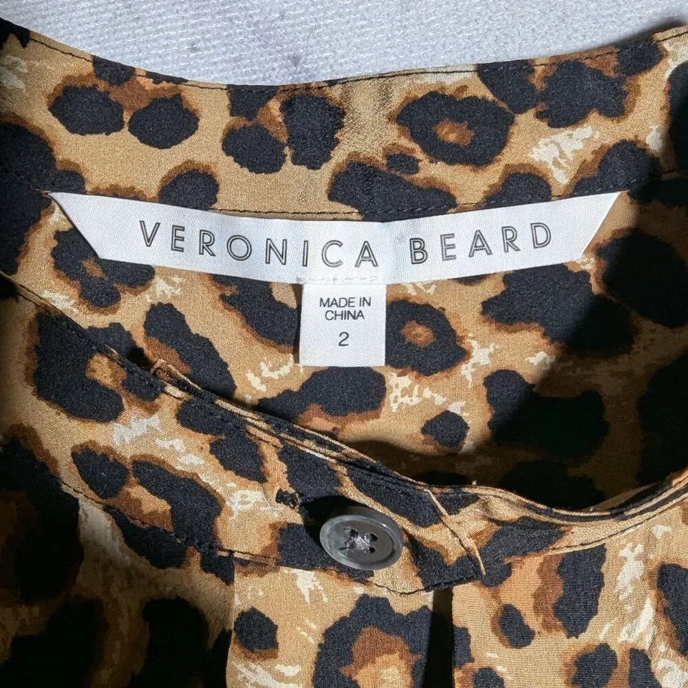 Veronica Beard Ann Beige Leopard Print Silk Keyhole Neck Button Blouse Sz 2 - Image 3