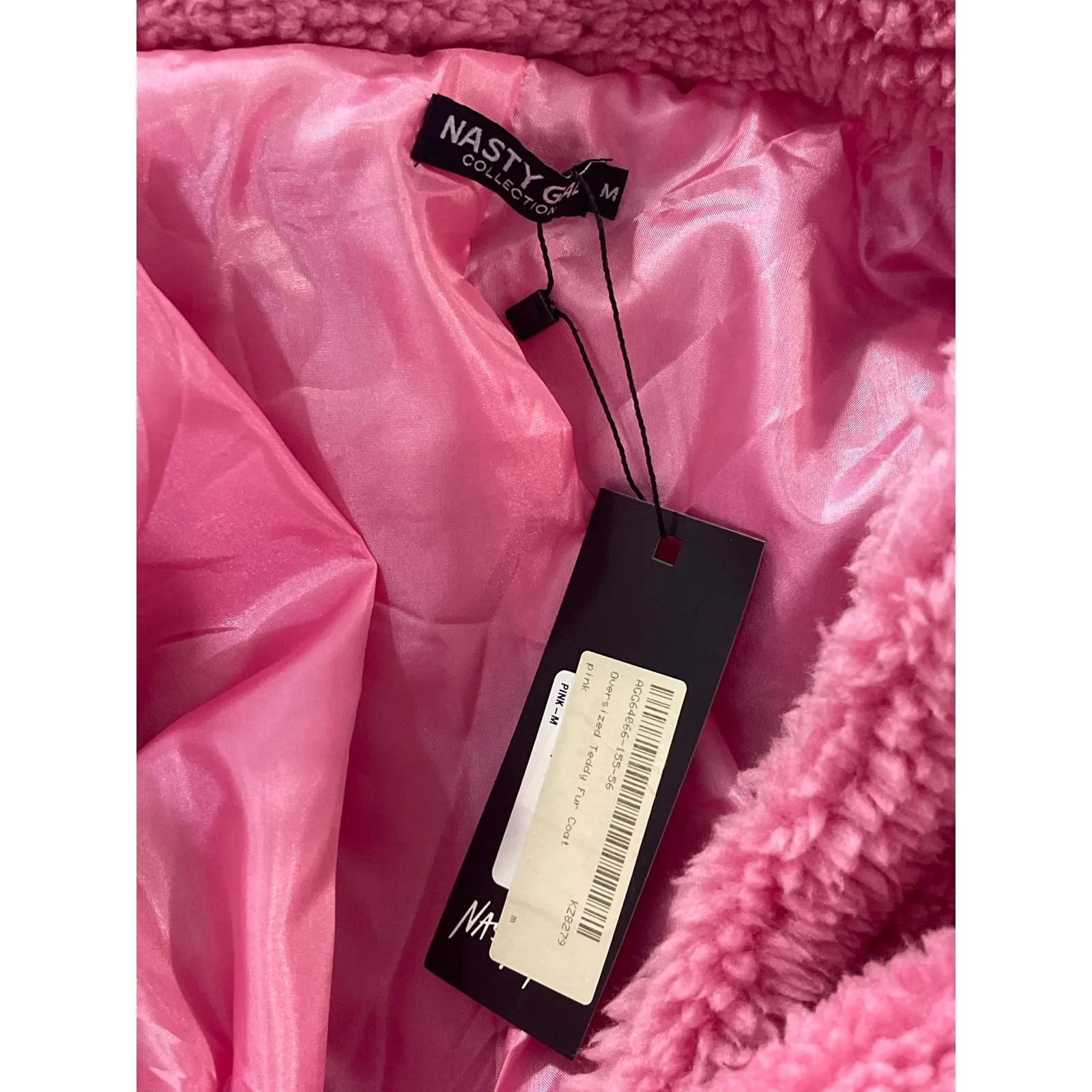 NEW Nasty Gal Pink Oversized Faux Fur Notched Collar Long Sleeve Coat Jacket M - Image 3