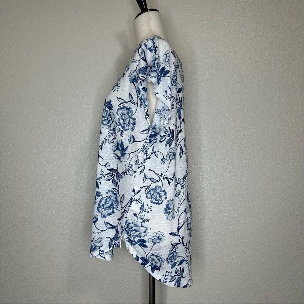 Cynthia Rowley 100% Linen Blue White Floral Cap Sleeves Top - Image 4