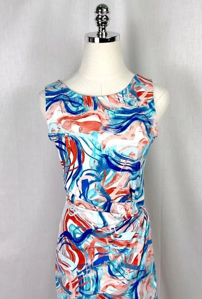 Tahari ASL Sleeveless Sheath Dress Midi Multicolor Geometric Print Sz 6 New Blue - Image 4