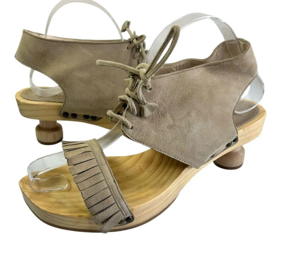 Pedro Garcia size 39 size 8.5~9 wood sandal architectural heel fringe suede $328 Tan - Image 2