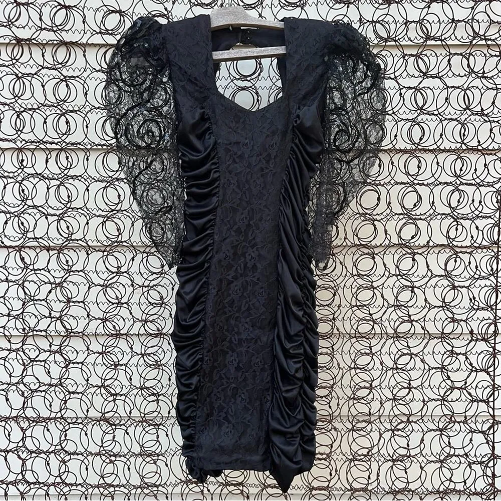 80s Mayvens of California Black Ruched Bodycon Dress Sheer Sequin Puff Sleeve 3 - Image 4